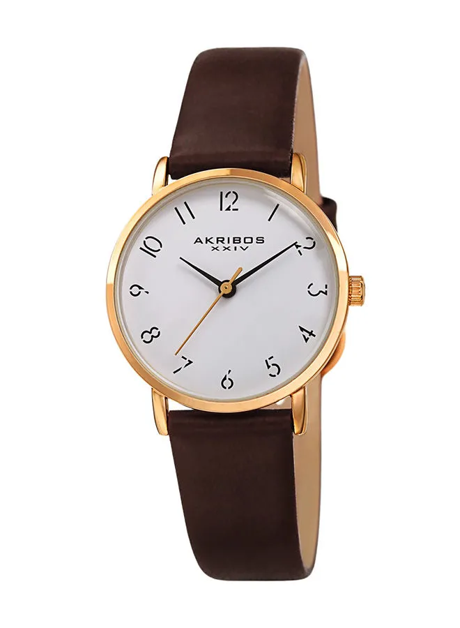 Akribos XXIV Ion Plated Gold Tone Petite Case with Domed Crystal, a White Dial and Dark Brown Leather Strap