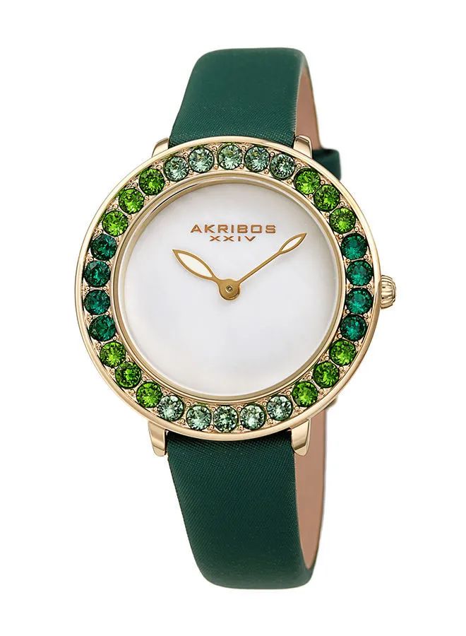 Akribos XXIV Ion Plated Gold Tone Case, Ombre Green Swarovski Crystals, White Mother-Of-Pearl Dial, on a Green Satin Strap