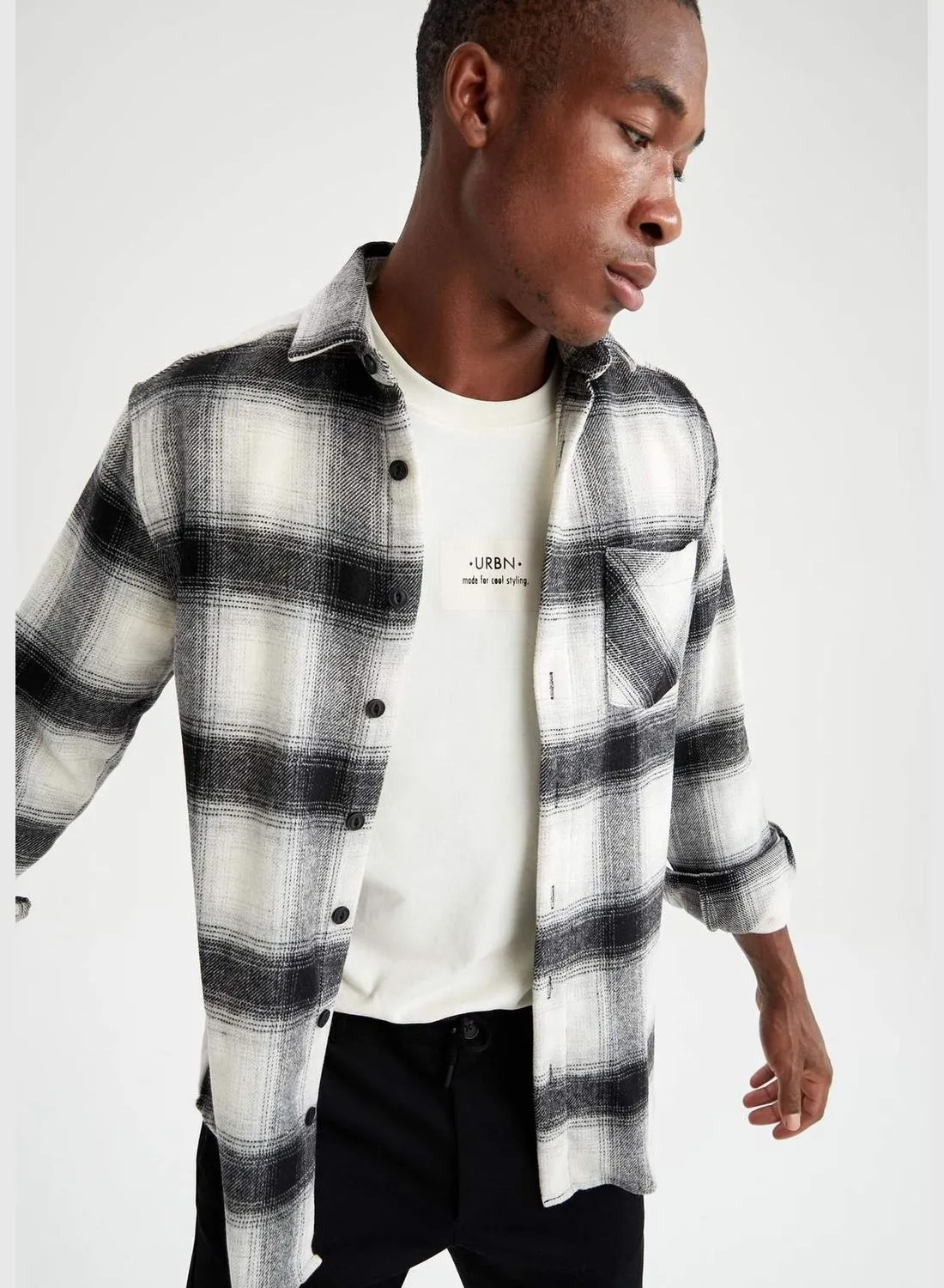 DeFacto Man Woven Top Regular Fit Polo Neck Long Sleeve Shirt