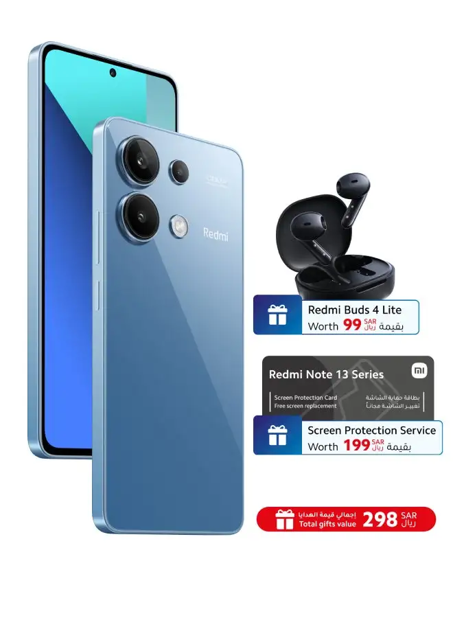 Xiaomi Redmi Note 13 Dual SIM Ice Blue 8+8GB RAM 256GB 4G - Global Version With Screen Insurance And Redmi Buds 4 Lite