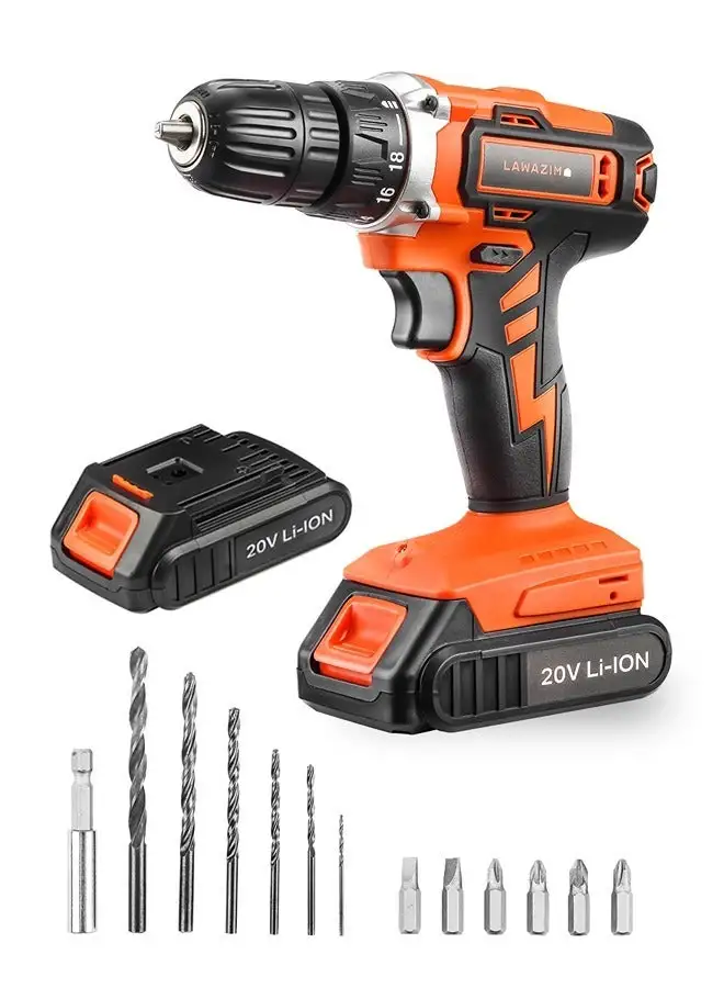 LAWAZIM Cordless Drill 20V Lithium-Ion 10mm with 2 Batteries and Accessories