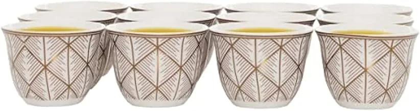 Alsaif Gallery Arabic Coffee Cup Set White Embossed Gold Lines 12 Pieces Alsaif Gallery