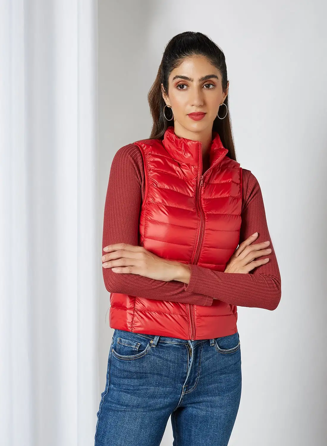 Anaqa Solid Design Sleeveless Down Jacket Red