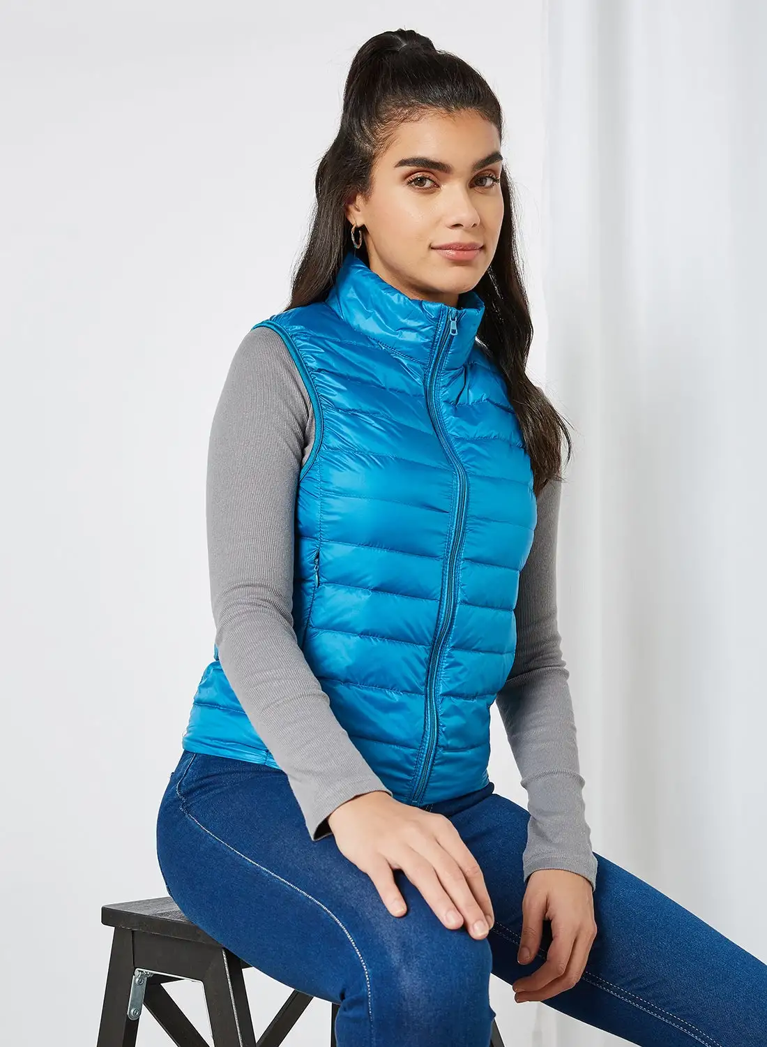 Anaqa Solid Design Sleeveless Down Jacket Blue