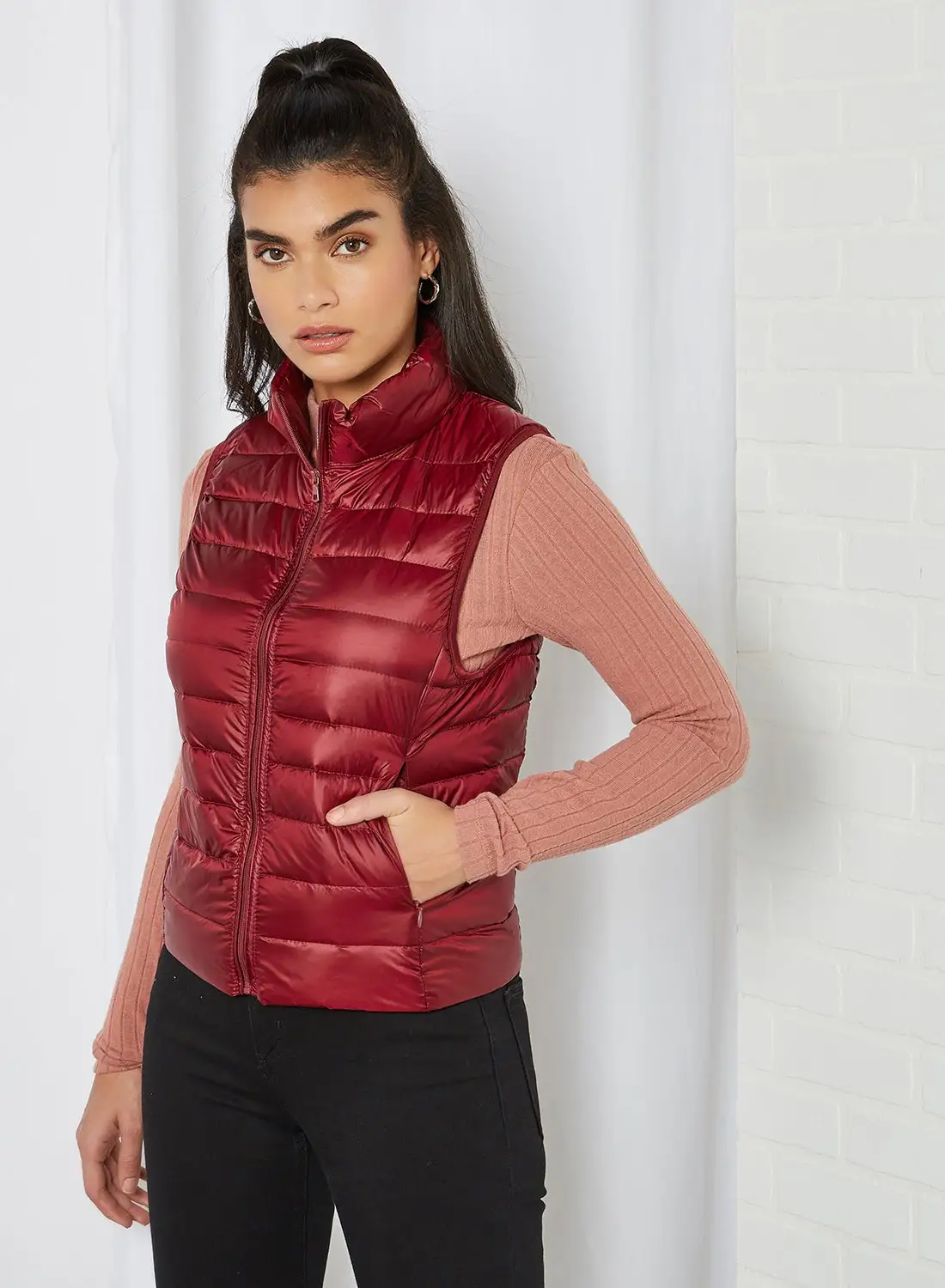 Anaqa Solid Design Sleeveless Down Jacket Wine Red