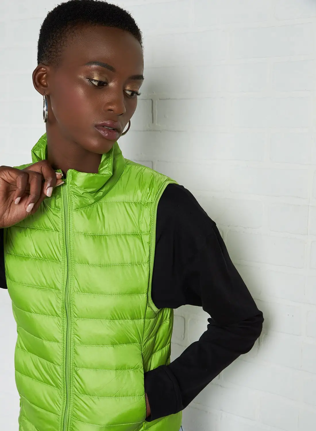 Anaqa Solid Design Sleeveless Down Jacket Green