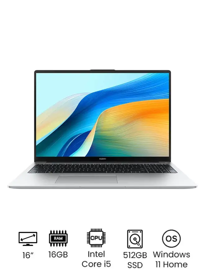 HUAWEI MateBook D 16 Laptop with 16-inch Eye Comfort FullView Display, Core i5-12450H Processor/16GB RAM/512GB SSD/Windows 11 Home/Intel Iris XE Graphics With Light and Metal Body And Nimble Numeric Keypad English/Arabic Mystic Silver
