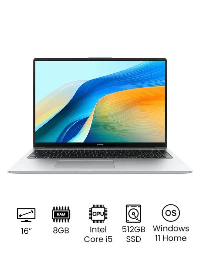 HUAWEI MateBook D 16 Laptop with 16-inch Eye Comfort FullView Display, Core i5-12450H Processor/8GB RAM/512GB SSD/Windows 11 Home/Intel Iris XE Graphics With Light and Metal Body And Nimble Numeric Keypad English/Arabic Mystic Silver