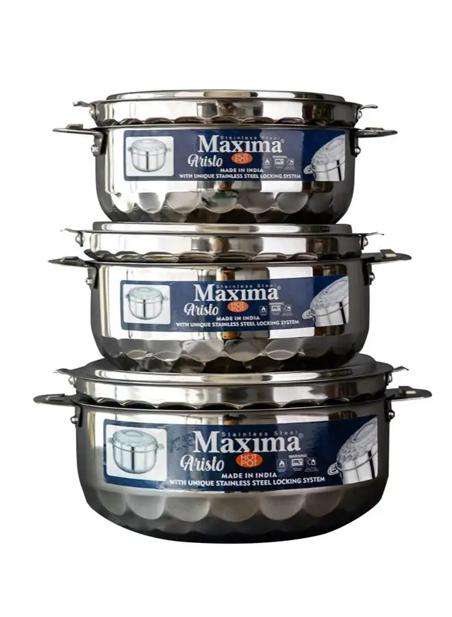 Maxima Maxima 3PCs Stainless-Steel Hotpot With Two Handles | Insulated Bowl Great Bowl for Holiday & Dinner | Keeps Food Hot & Fresh for Long Hours, Silver