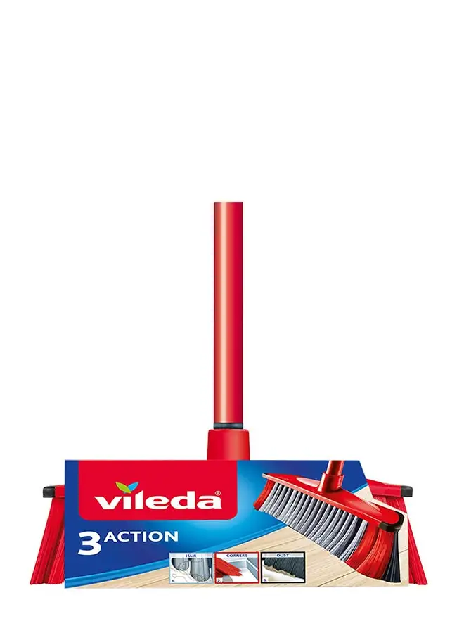 Vileda 3 Motion Indoor Floor Broom with Stick Three Different Fiber Types Strong Bristles, Multi-Purpose Rubber Broom Light Red/Black 30 × 6 × 139cm