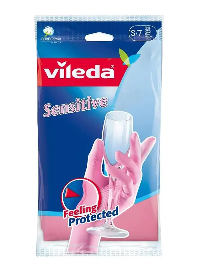 Vileda Vileda Sensitive Reusable Gloves S, Natural Latex,  Protective, Touch-Sensitive, Comfortable Fit, Good Fit, Pink, Small Size (1 Pair Per Pack)
