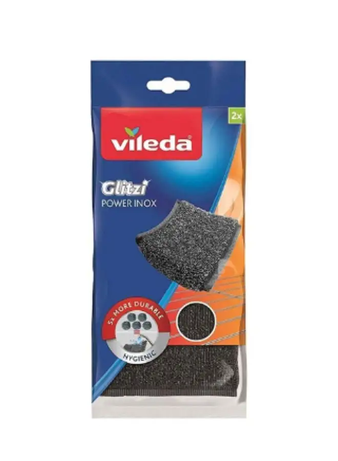 Vileda 2pcs Glitzy Power Inox Metal Scouring Pad, heavy duty cloth, hygienic and effective Black