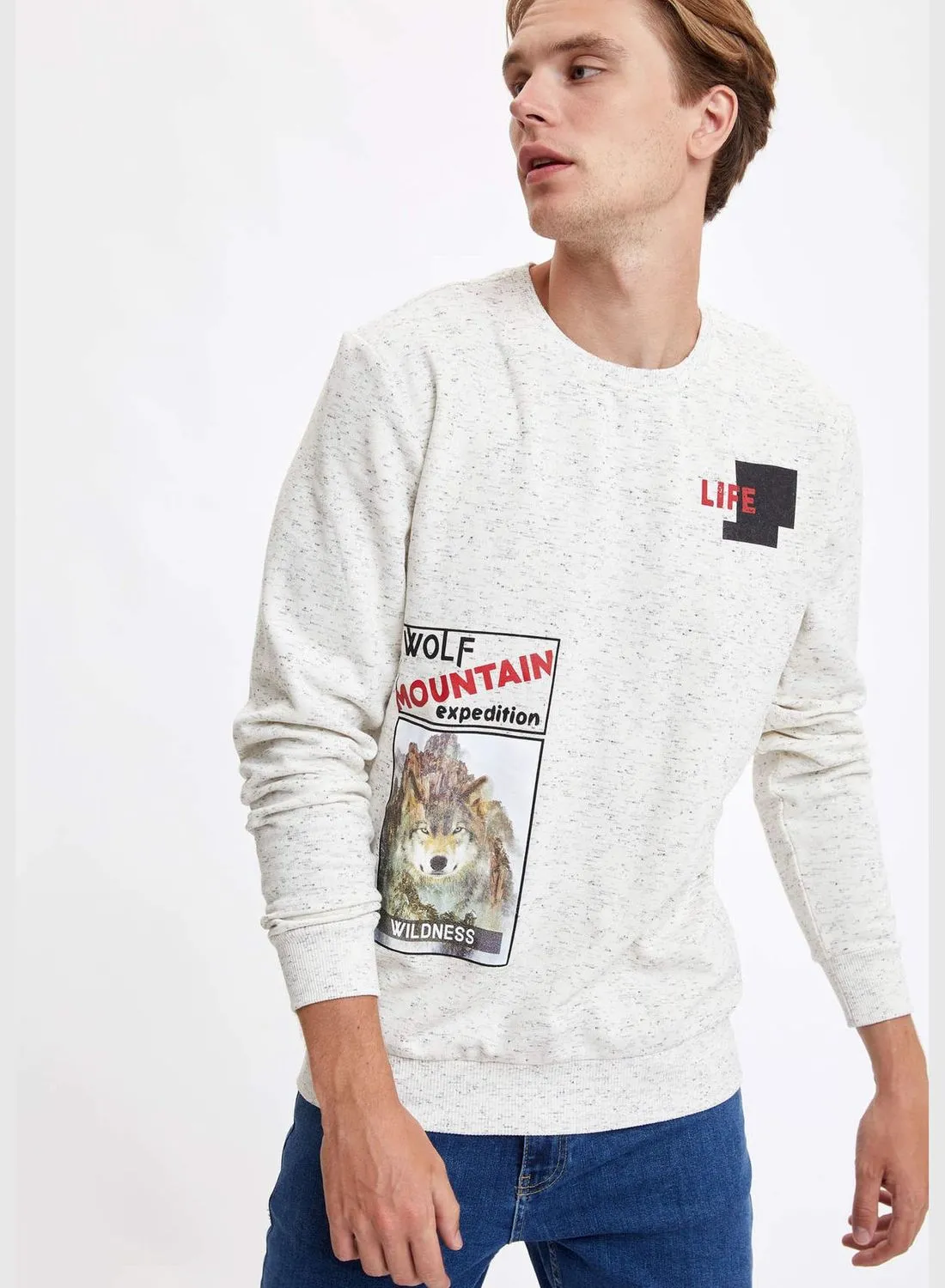 DeFacto Slim Fit Crew Neck Wolf Print Sweatshirt