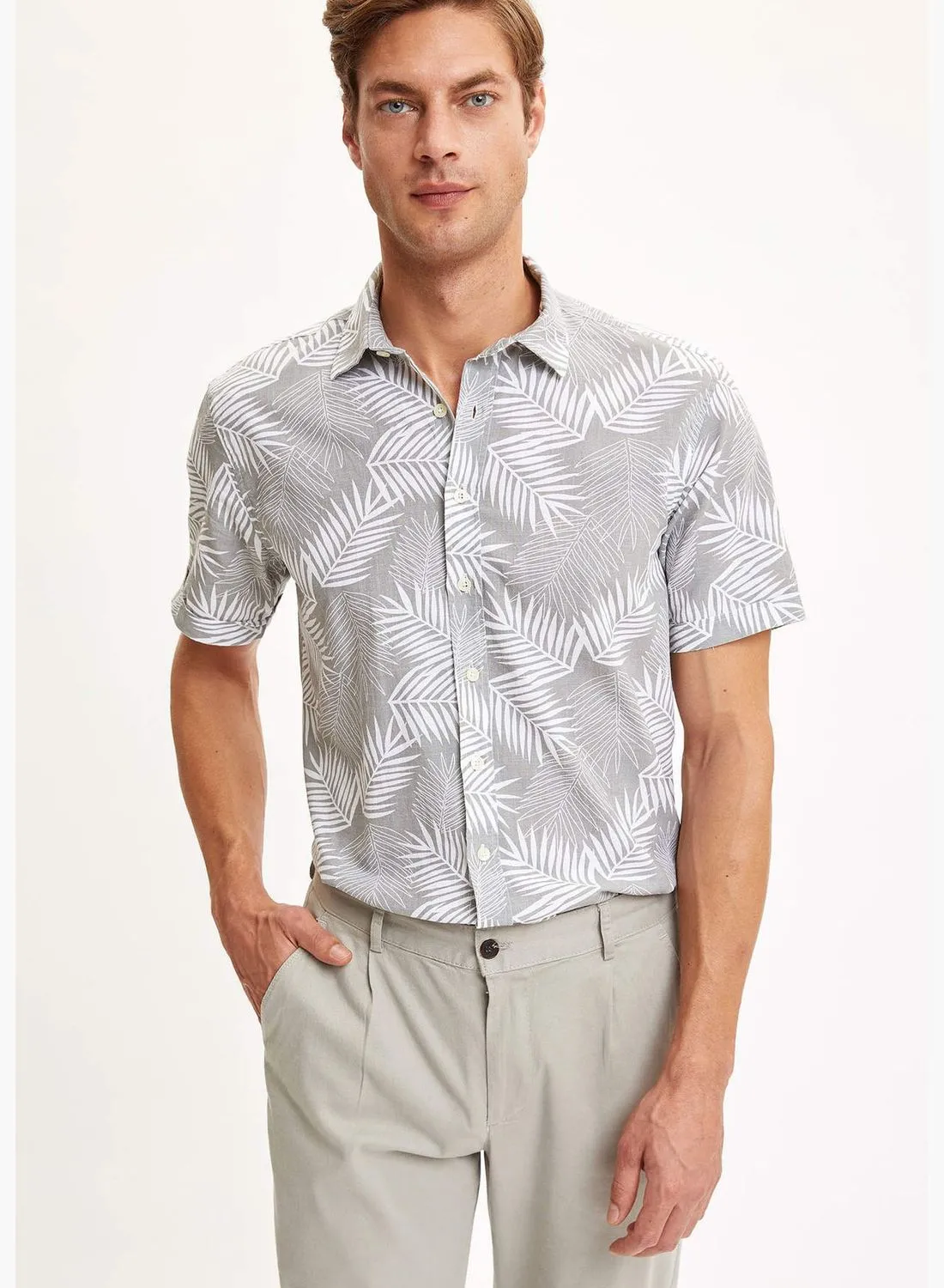 DeFacto Man Woven Top Regular Fit Polo Neck Short Sleeve Shirt