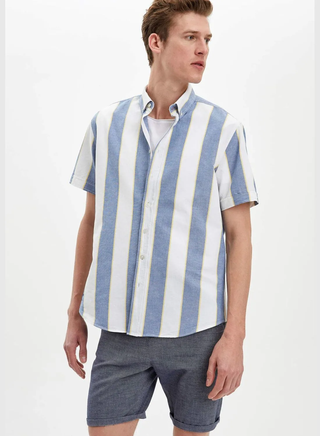 DeFacto Man Woven Top Modern Fit Buttondown Polo Neck Long Sleeve Shirt