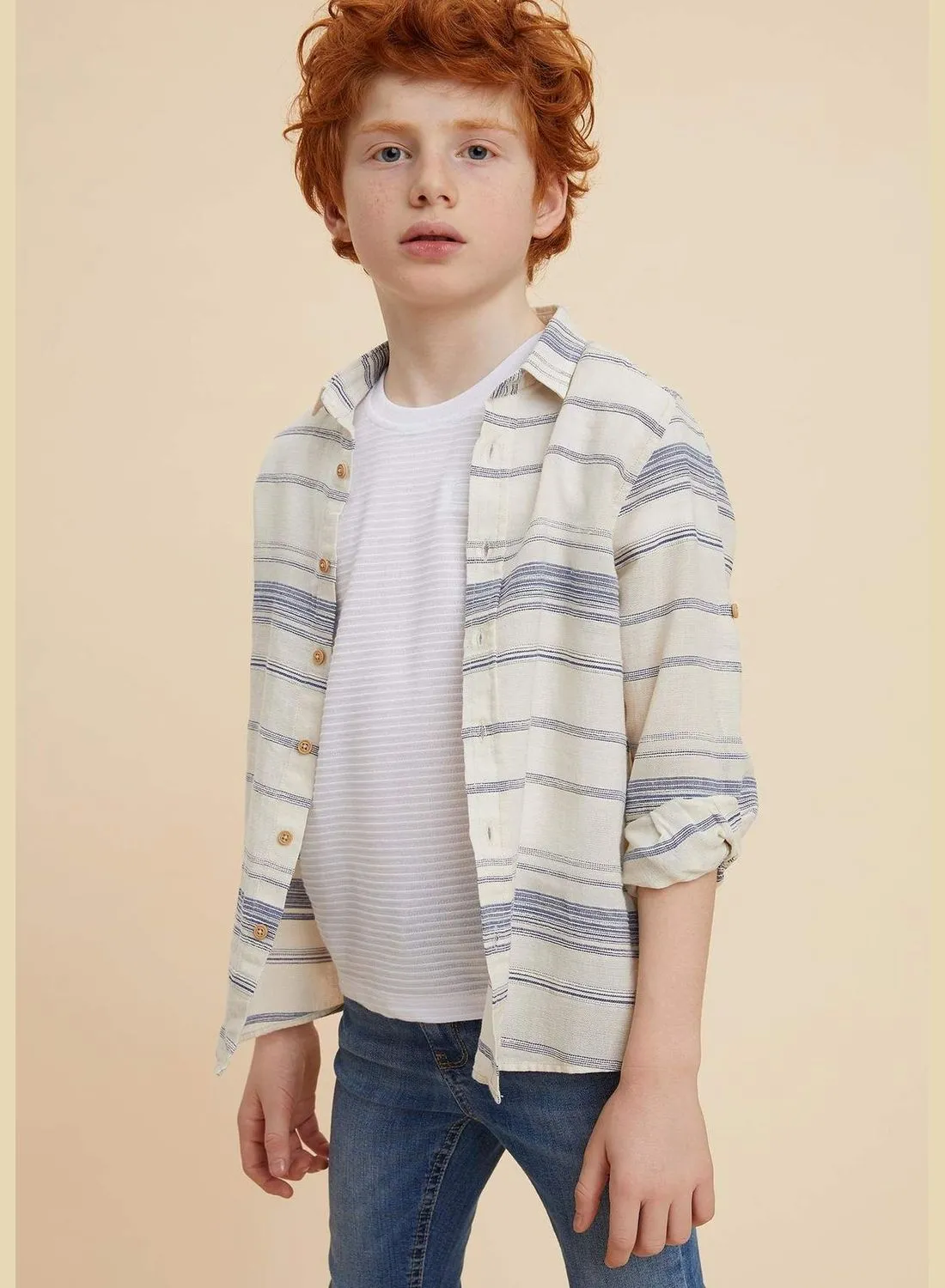 DeFacto Boy Woven Top Regular Fit Polo Neck Long Sleeve Shirt