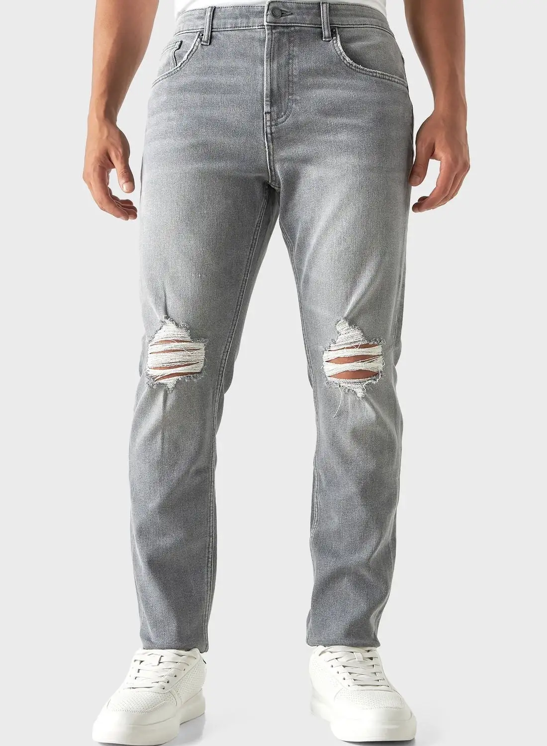 STARTER Straight Fit Mid Wash Ripped Jeans