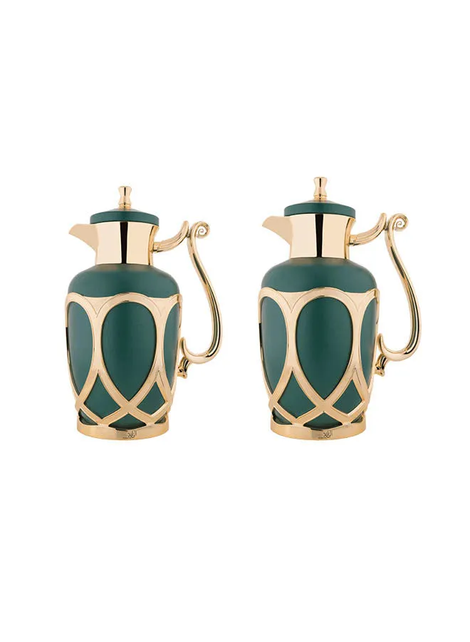 Alsaif Metal Body 2 Pieces Coffee & Tea Vacuum Flask Set Size: 0.7/1.0 Liter Matt Green/Gold 0.7/1.0Liters