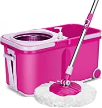 360 Rotating Spin Mop Steel Dry Bucket With With 2 Mop Heads - Pink