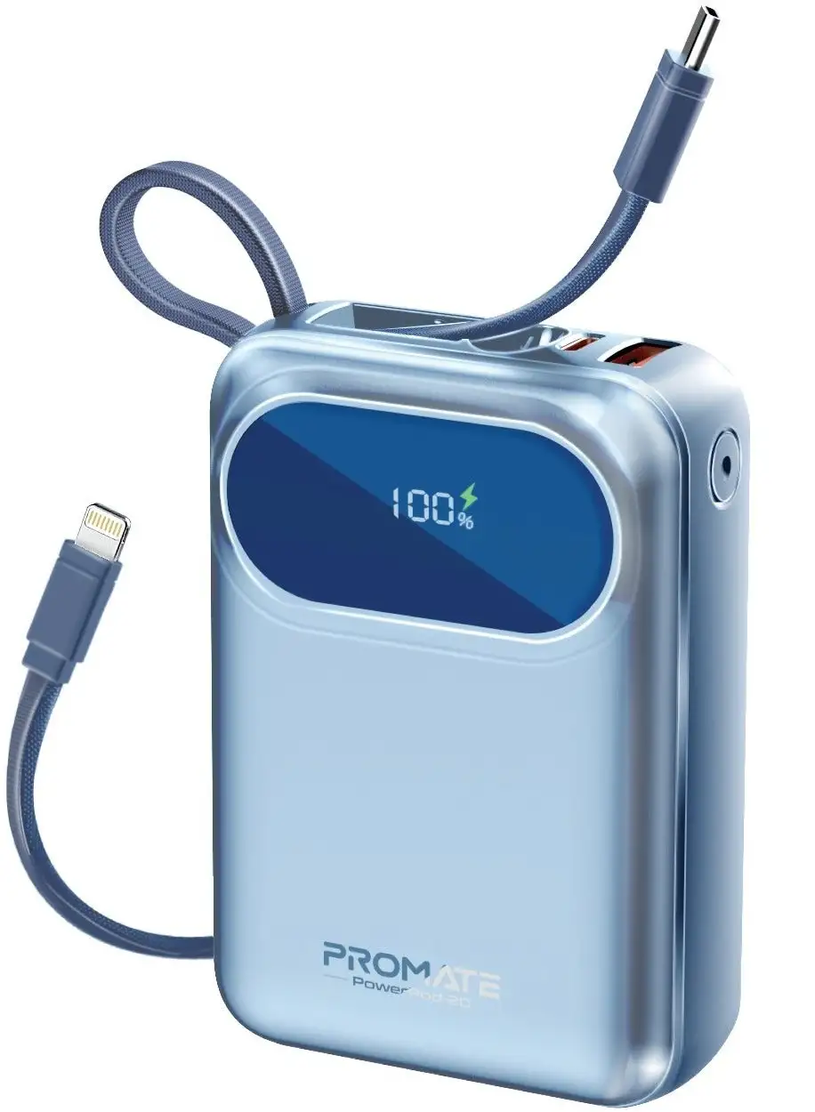 PROMATE 20000 mAh Power Bank with Built-In USB-C And Lightning Cables, Compact Fast Charging Power Bank, 35W USB-C Power Delivery and 27W Lightning Charging, PowerPod-20 Blue