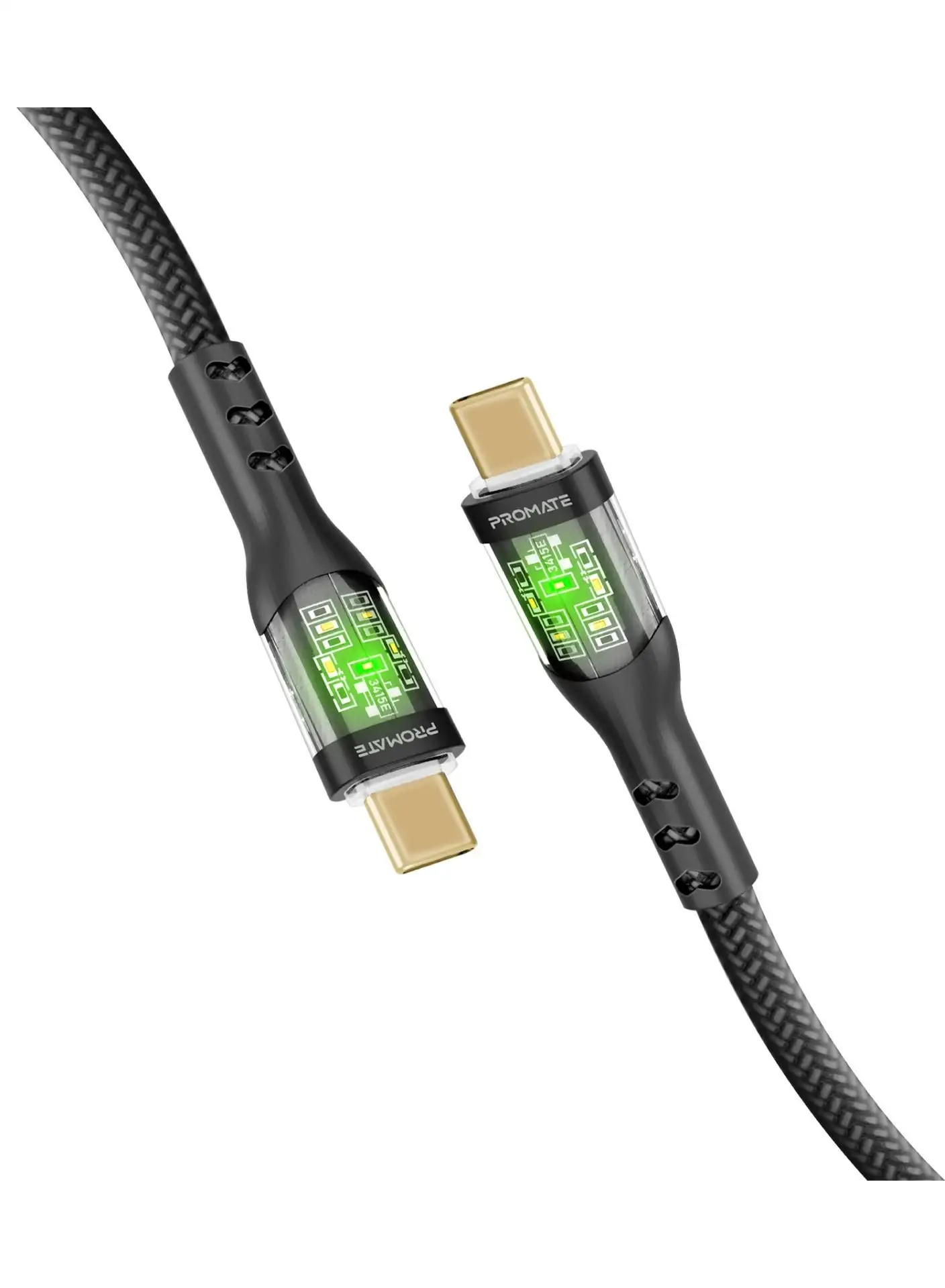 PROMATE USB-C Charging Cable, Stylish Transparent Shelled Type-C Cable with 60W Fast Power Delivery, 480Mbps Data Transfer and Durable 200cm Nylon Braided Cord,  TransLine-CC Black
