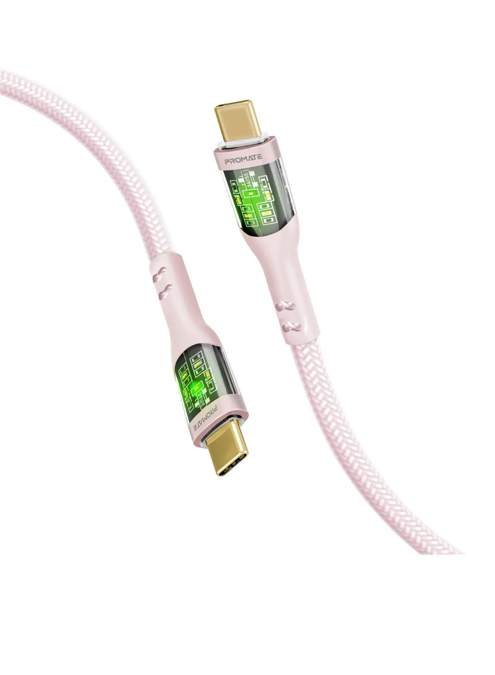 PROMATE USB-C Charging Cable, Stylish Transparent Shelled Type-C Cable with 60W Fast Power Delivery, 480Mbps Data Transfer and Durable 200cm Nylon Braided Cord,  TransLine-CC Pink