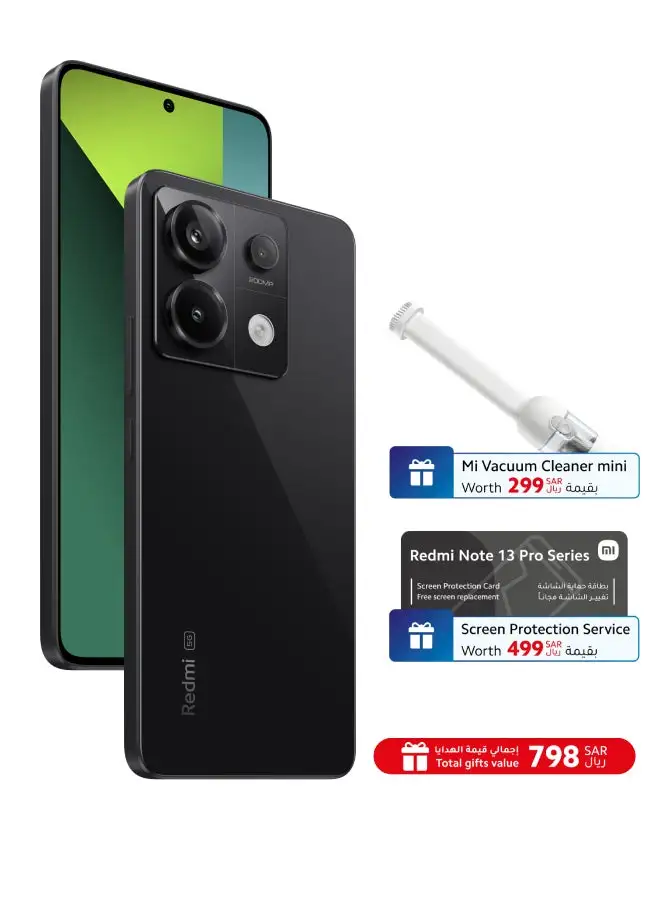 هاتف Xiaomi Redmi Note 13 Pro 5G ثنائي الشريحة أسود منتصف الليل وذاكرة الوصول العشوائي (RAM) سعة 12 جيجابايت وسعة 512 جيجابايت - الإصدار العالمي مع تأمين الشاشة ومكنسة Mi الكهربائية الصغيرة