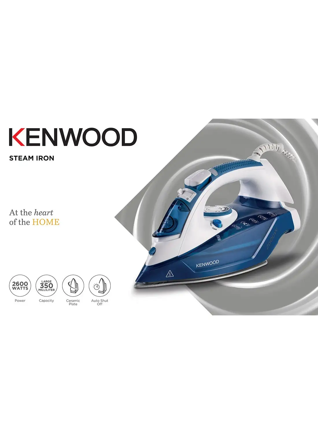 KENWOOD Steam Iron, Ceramic Plate, Auto Shut Off, 140G Steam Shot, Anti Drip, Spray Function 350 ml 2600 W STP75.000WB Blue