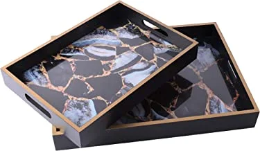 2 Piece Rectanglar Glass/wood Tray Set