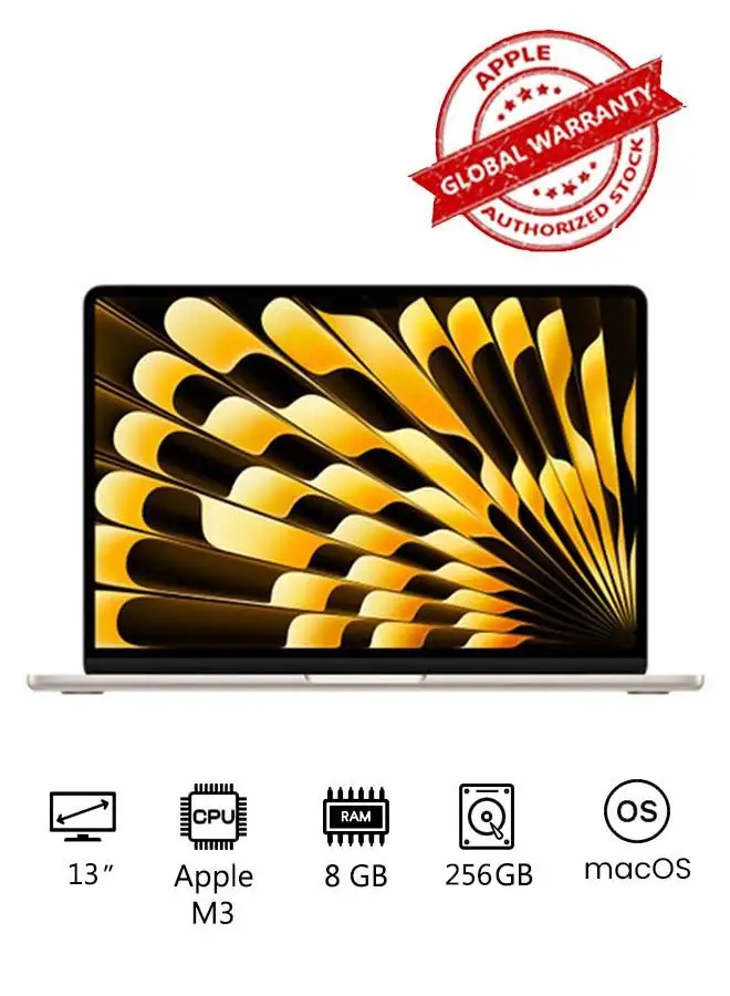 جهاز MacBook Air الجديد 2024 بشاشة مقاس 13 بوصة، ووحدة معالجة مركزية Apple M3 Chip 8-Core ومعالج رسومات 8-Core / ذاكرة الوصول العشوائي (RAM) سعة 8 جيجابايت / SSD سعة 256 جيجابايت / رسومات Intel UHD / Starlight باللغة الإنجليزية / العربية