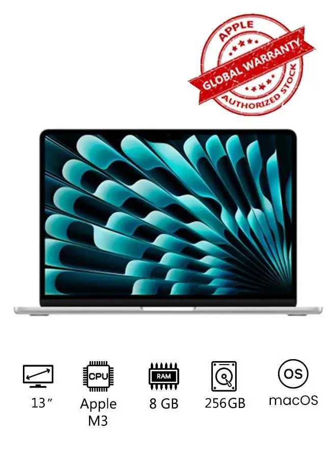 Apple New 2024 MacBook Air 13-inch Display, Apple M3 Chip 8-Core CPU 8-Core GPU Processor/8GB RAM/256GB SSD/Intel UHD Graphics/ English/Arabic Silver