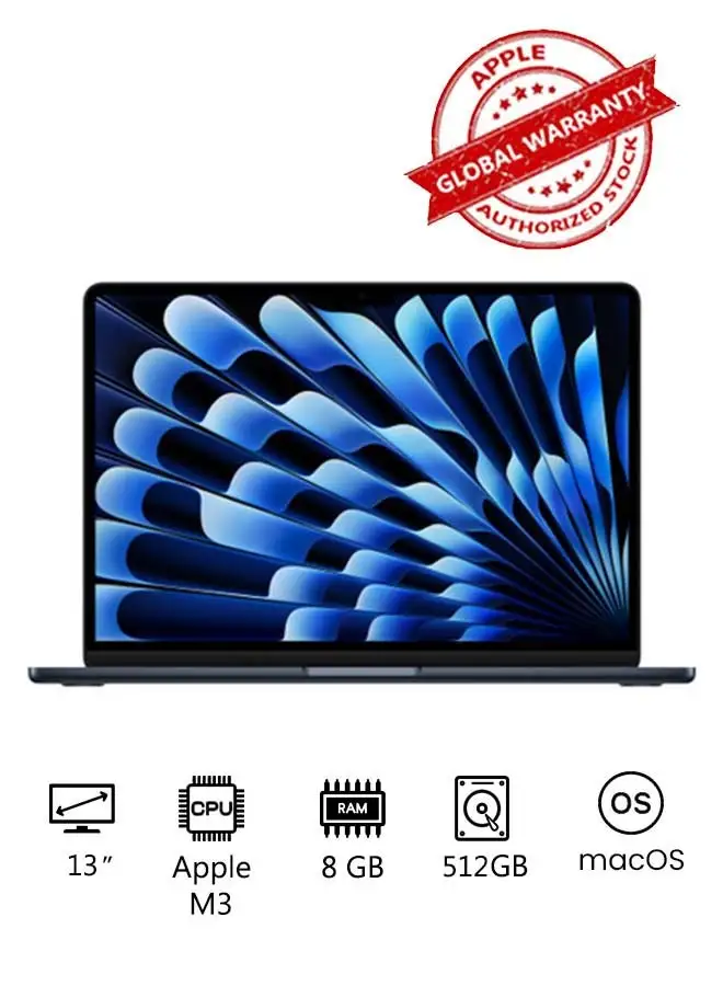 Apple New 2024 MacBook Air 13-inch Display, Apple M3 Chip 8-Core CPU 10-Core GPU Processor/8GB RAM/512GB SSD/Intel UHD Graphics English/Arabic Midnight