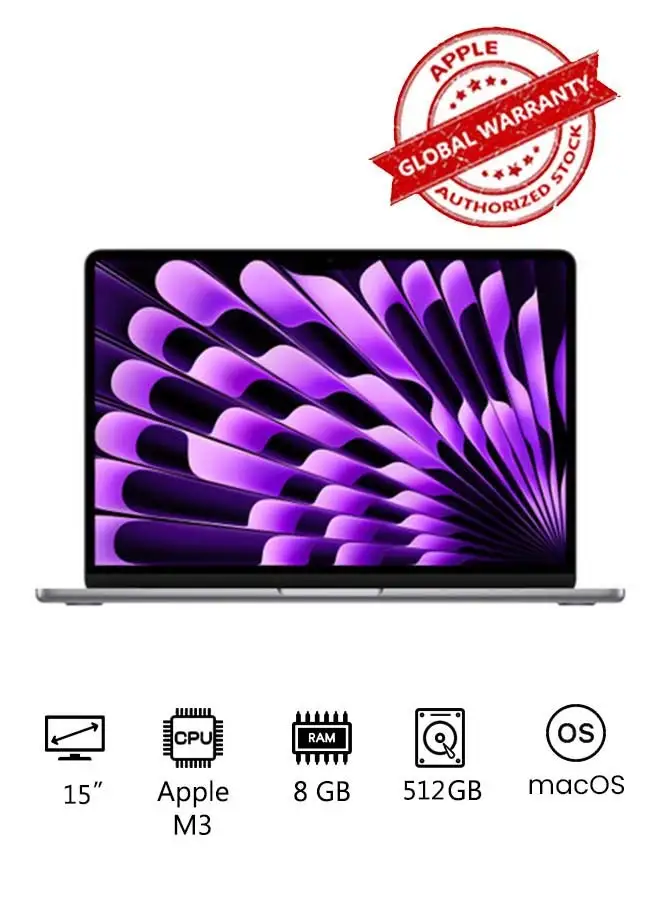 Apple New 2024 MacBook Air 15-inch Display, Apple M3 Chip 8-Core CPU 10-Core GPU Processor/8GB RAM/512GB SSD/Intel UHD Graphics English/Arabic Space Grey