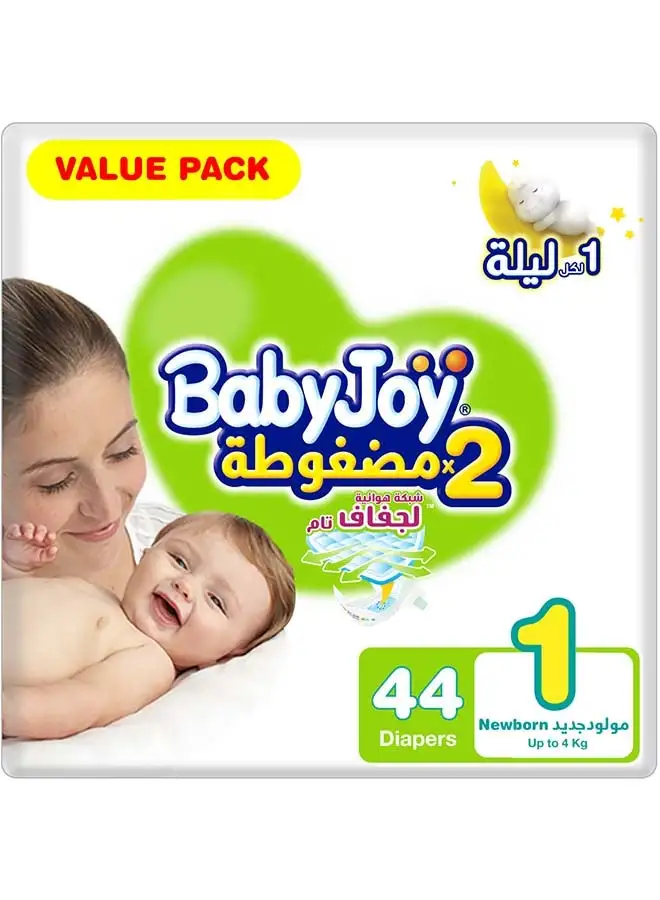 BabyJoy Compressed Diamond Pad, Size 1 Newborn, Up to 4 kg, Value Pack, 44 Diapers