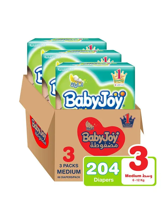BabyJoy Baby Diapers, Size 3, 6 - 12 Kg, 204 Count (68 x 3) - Medium, Breathable Material, Compressed Diamond Pad, Cotton Touch