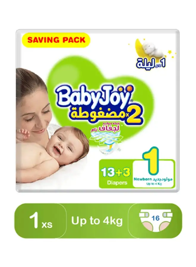 BabyJoy Compressed Diamond Pad, Size 1 Newborn, Up to 4 kg, Saving Pack, 16 Diapers