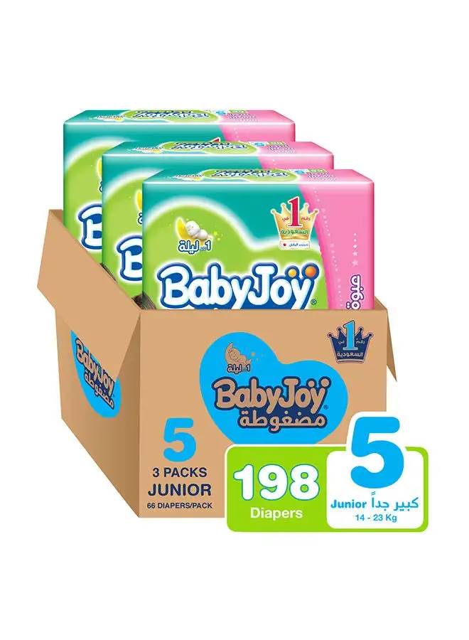 BabyJoy Baby Diapers, Size 5, 14-23 Kg, 198 Count (66 X 3) - Junior, Compressed, Cotton Touch