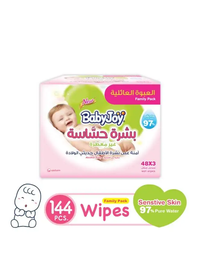 BabyJoy Sensitive Skin Wet Wipes, Unscented, Family Pack, 144 Wipes