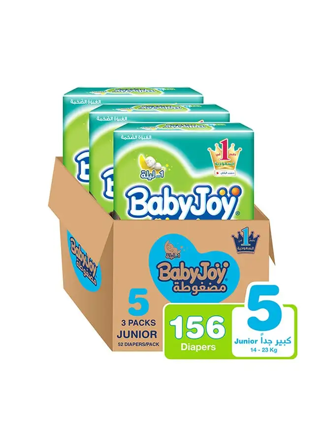 BabyJoy Baby Diapers, Size 5, 14 - 23 Kg, 156 Count (52 x 3) - Junior, Cotton Touch