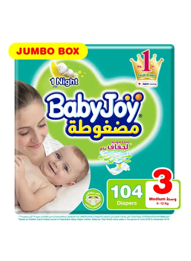 BabyJoy Compressed Diamond Pad, Size 3 Medium, 6 to 12 kg, Jumbo Box, 104 Diapers