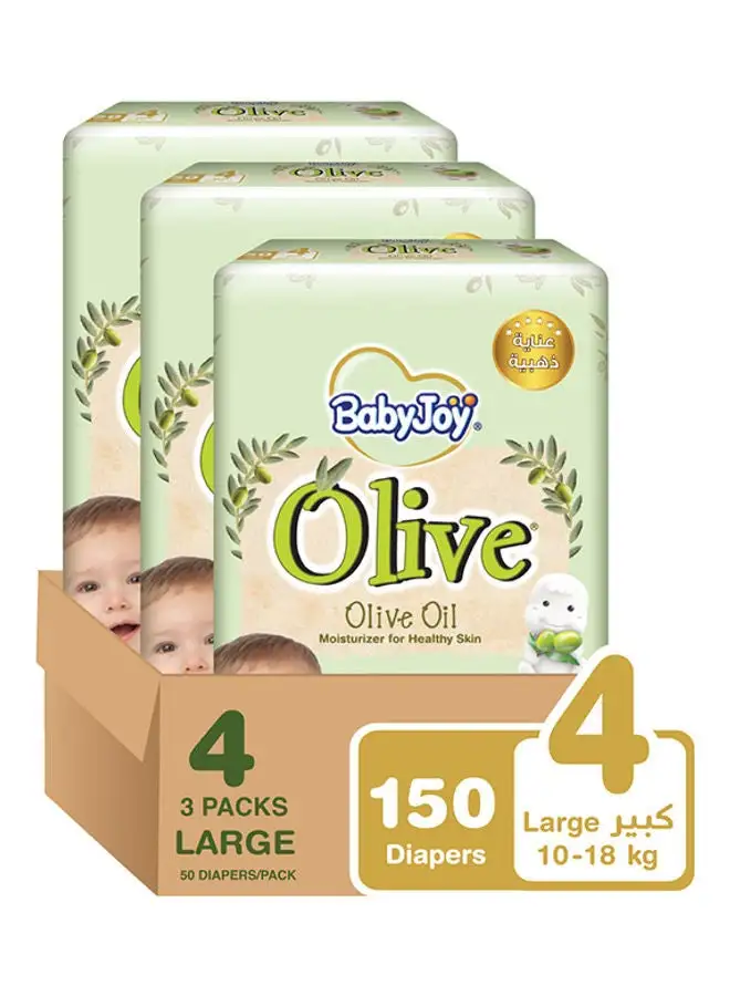 BabyJoy Olive Oil, Size 4 Large, 10 To 18 Kg, Mega Pack of 3, 150 Diapers