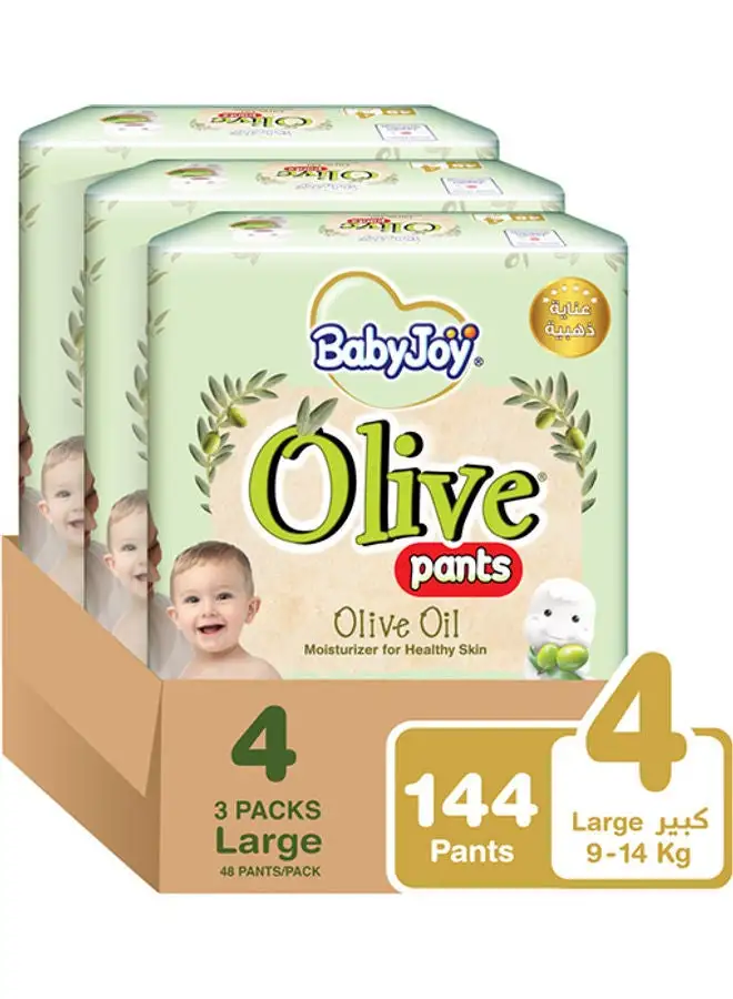 BabyJoy Olive Oil Pants, Size 4 large, 9 To 14 Kg, Mega Pack of 3, 144 Diapers