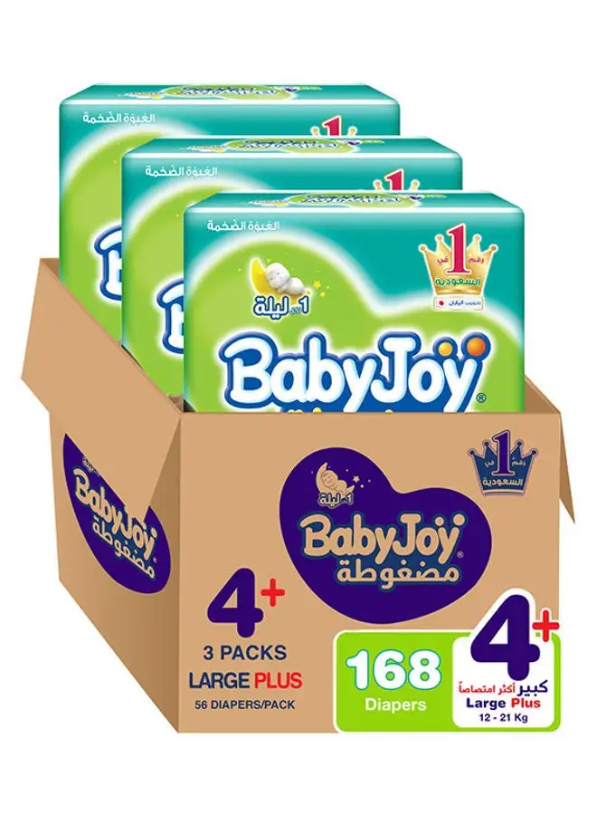 BabyJoy Compressed Diamond Pad, Size 4+ Large Plus, 12 To 21 Kg, Mega Pack of 3, 168 Diapers