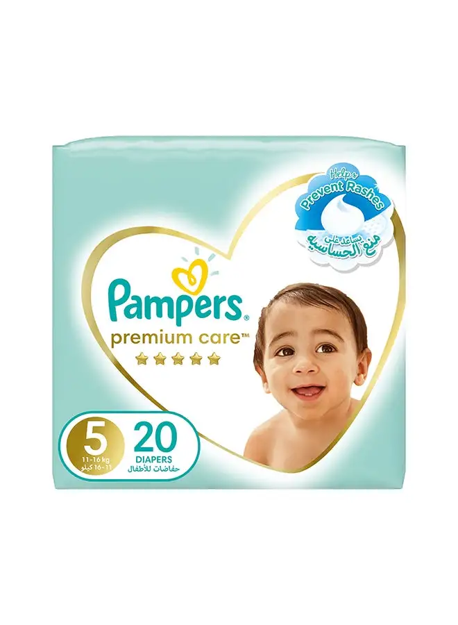 Pampers Premium Care Taped Baby Diapers, Size 5, 11-16kg,  Softest Absorption for Ultimate Skin Protection, 20 Count
