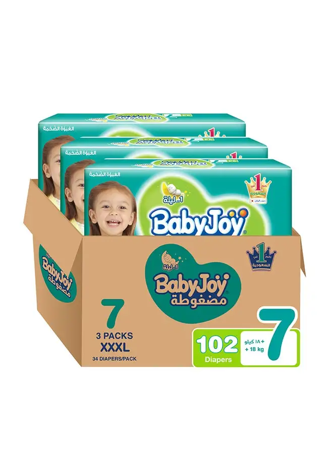 BabyJoy Baby Diapers, Size 7, 18+ Kg,3 x 34 Diapers - Mega Pack, Compressed, Cotton Touch