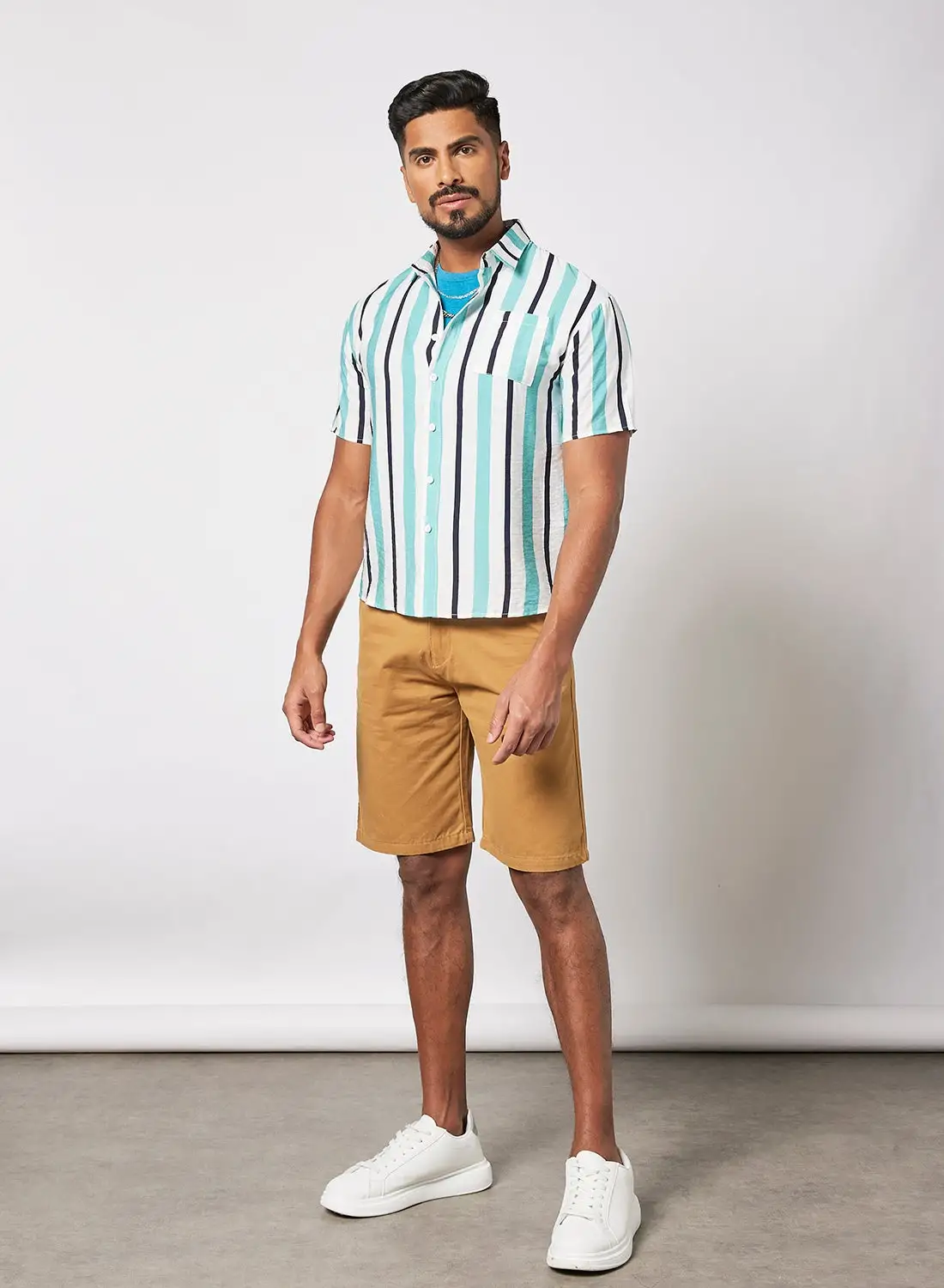 QUWA Casual Stripes Short Sleeves Woven Shirt with Pocket Aqua Stripe