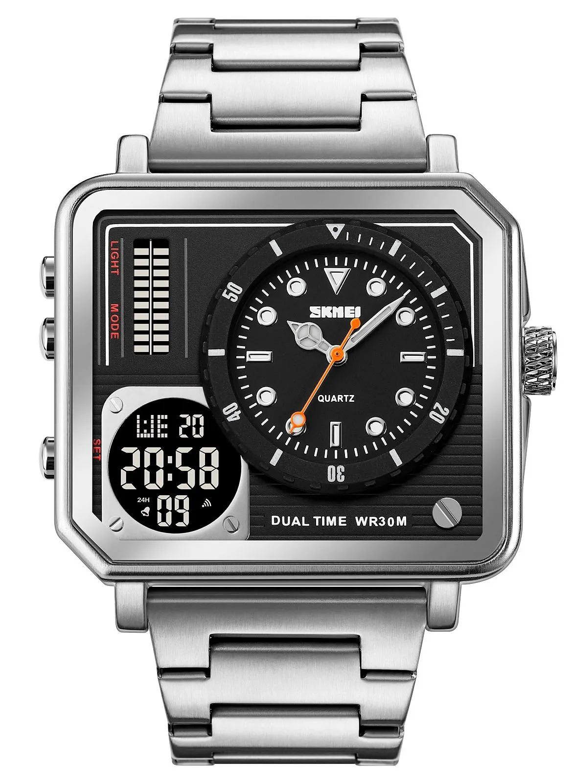 SKMEI Watch for Men Waterproof Sports Trend Stainless Steel Wrist Watch 48mm Silver 2025