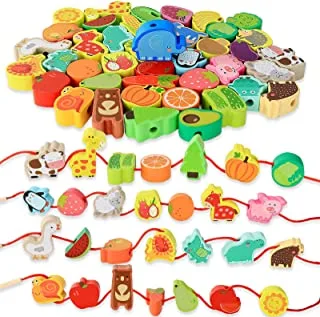 BMTOYS Wooden Farm Animal Fruit Vegetable String Lacing Beads for Toddlers Preschool Kids Boy Girl