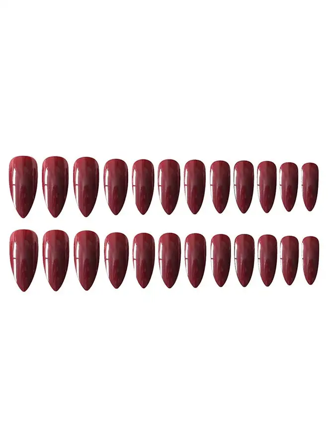 مجموعة طلاء أظافر صناعية بيضاوية حادة مكونة من 24 قطعة باللون الأحمر الخمري