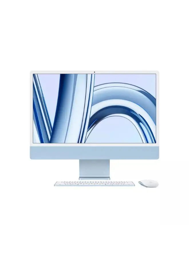 جهاز iMac مقاس 24 بوصة بشاشة Retina 4.5K من Apple: شريحة Apple M3 مع وحدة معالجة مركزية 8 نواة ووحدة معالجة رسومات 10 نواة ومحرك أقراص SSD سعة 256 جيجابايت/رسومات مدمجة باللغة الإنجليزية/العربية باللون الأزرق